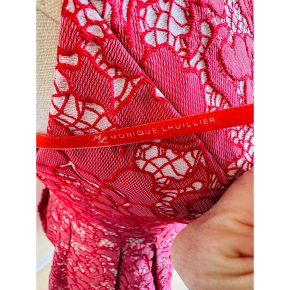 ML Monique Lhuillier Lace Pattern High Low Formal Dress Red white SZ SM Pockets - Picture 4 of 16